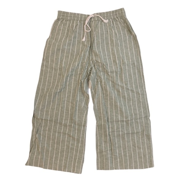 Beachlunchlounge Olive Green Striped Linen Cotton Drawstring Cropped Pant Sz L - Picture 2 of 9